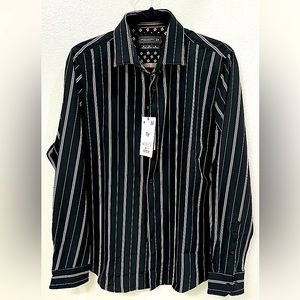 DENIM & FLOWER Black/white stripe, button front, long sleeve shirt, Men’s size M